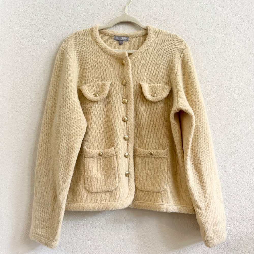 J.Crew Womens Merino Alpaca Blend Lady Jacket Cardigan Cream Gold Button Large